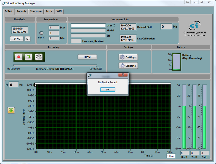 Instrument Manager - Vibration Sentry selected - no device found