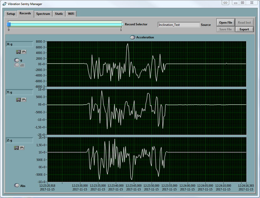 Instrument Manager - Vibration Sentry selected - Records tab with loaded file